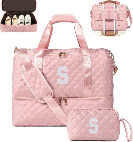 Personalized Initial Travel Bag, Quilted Duffle Bag, Weekender Bag for Women with Cosmetic Bag, Gym Bag with Shoe Compartment, Carry on Overnight Bag, Hospital Bag for Labor Delivery (Pink, A) in Saudi Arabia
