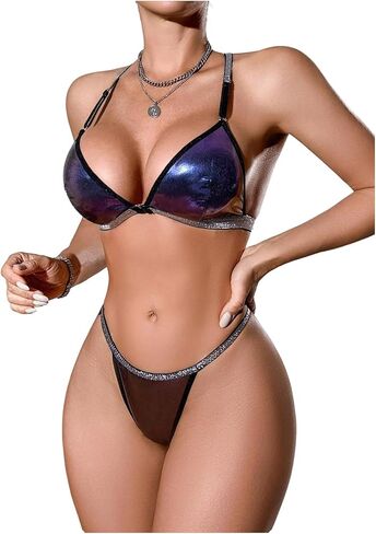 SOLY HUX Women's Lingerie Set Glitter Metallic Bra and Thong Panty Underwear Sets in Kuwait