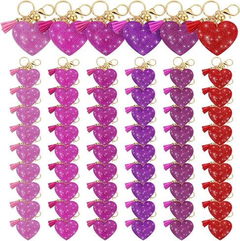 Tondiamo 60 Pcs Valentine Heart Keychain Rhinestone Glitter Charm Key Rings with Tassel Bling Leather Bag Charm for Women in Saudi Arabia