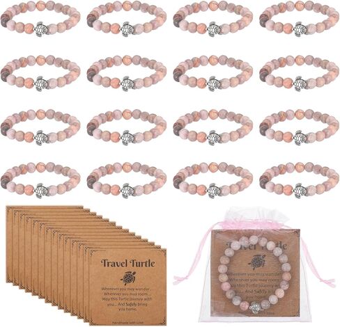 Yinkin 12 Sets Pink Sea Turtle Bracelet for Women Included Bulk Natural Stone Beads Bracelet with Travel Turtle Card Mesh Bag Pink Charm Jewelry for Christmas Inspirational Positive Good Luck Gifts in Saudi Arabia