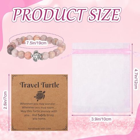 Yinkin 12 Sets Pink Sea Turtle Bracelet for Women Included Bulk Natural Stone Beads Bracelet with Travel Turtle Card Mesh Bag Pink Charm Jewelry for Christmas Inspirational Positive Good Luck Gifts in Saudi Arabia