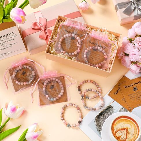 Yinkin 12 Sets Pink Sea Turtle Bracelet for Women Included Bulk Natural Stone Beads Bracelet with Travel Turtle Card Mesh Bag Pink Charm Jewelry for Christmas Inspirational Positive Good Luck Gifts in Saudi Arabia