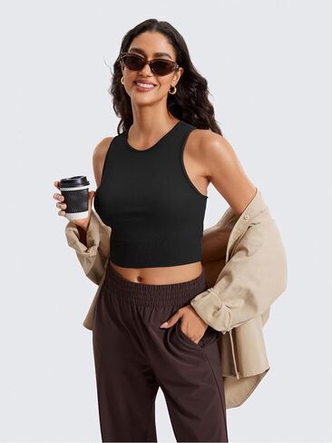 Womens Seamless Ribbed High Neck Crop Tank Top Sleeveless Workout Sports Bra Yoga Training Tops in Saudi Arabia