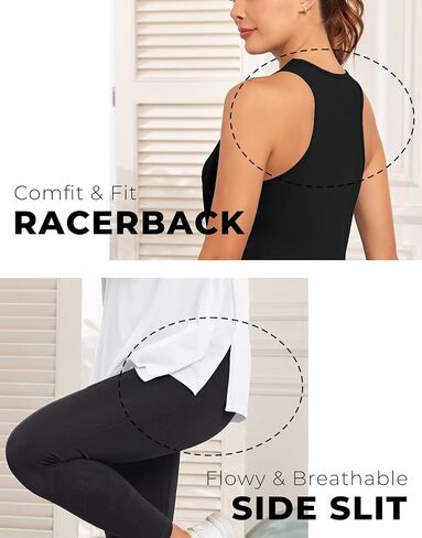Racerback تجريب تانك القمم للنساء 2 حزمة بيما القطن بلا أكمام Flowy القمم فضفاضة تناسب الجانب الشق اليوغا رياضة القمصان in Kuwait