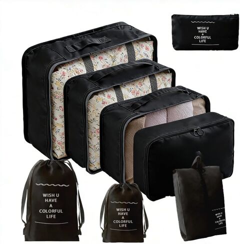 8 Set Travel Luggage Packing Organizers, Packing Cubes for Suitcases, with Laundry Bags, Compression Storage Shoe Bag, Clothing Underwear Bag, for Man & Women (Black) in Saudi Arabia