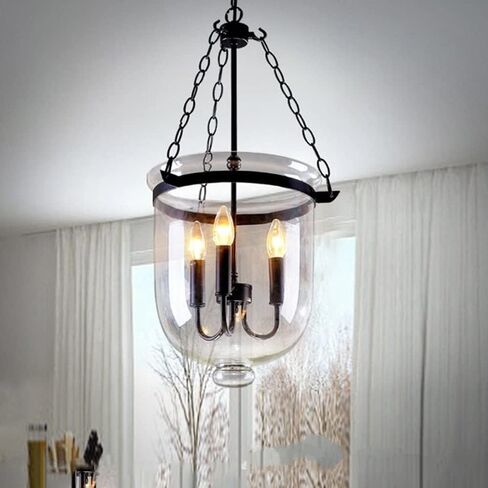 LNPTAL Farmhouse 3-Light Glass Pendant Light Industrial Black Lantern Chandelier with Candle Style E14 Base, Rustic Hanging Ceiling Lamp for Dining Room, Foyer Entryway(Black) in Saudi Arabia
