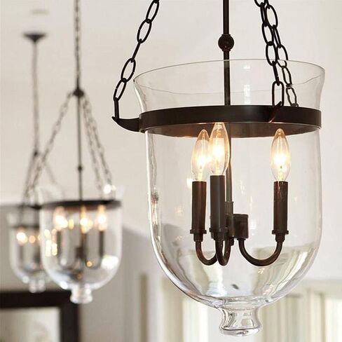 LNPTAL Farmhouse 3-Light Glass Pendant Light Industrial Black Lantern Chandelier with Candle Style E14 Base, Rustic Hanging Ceiling Lamp for Dining Room, Foyer Entryway(Black) in Saudi Arabia