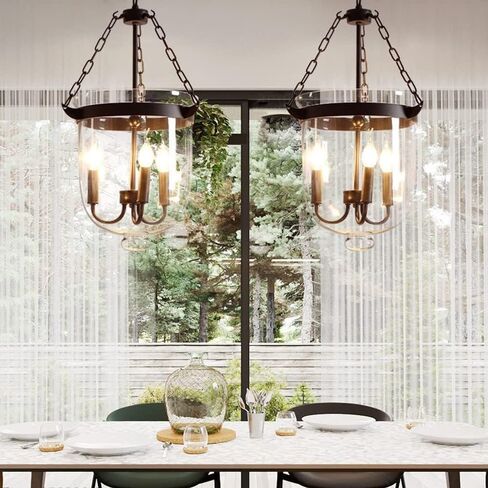 LNPTAL Farmhouse 3-Light Glass Pendant Light Industrial Black Lantern Chandelier with Candle Style E14 Base, Rustic Hanging Ceiling Lamp for Dining Room, Foyer Entryway(Black) in Saudi Arabia