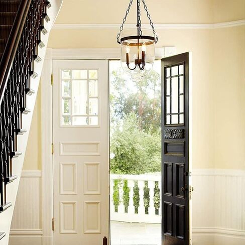 LNPTAL Farmhouse 3-Light Glass Pendant Light Industrial Black Lantern Chandelier with Candle Style E14 Base, Rustic Hanging Ceiling Lamp for Dining Room, Foyer Entryway(Black) in Saudi Arabia