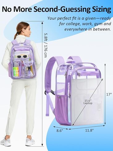 Double-Layer Clear Backpack Heavy Duty, 17 Inch Large Clear Bookbag, Transparent See Through Backpack For Work, College, Travel, Sport- Light Purple in Saudi Arabia