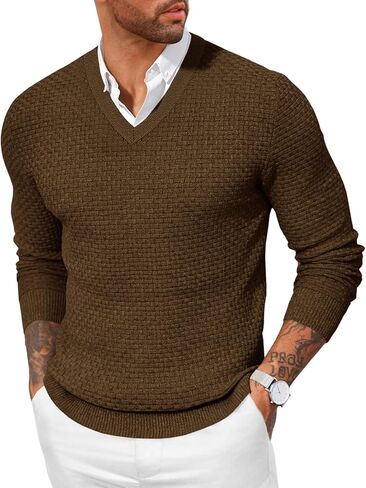 Yousify Mens V Neck Pullover Sweater Waffle Knit Casual Textured Pullover Long Sleeve Slim Fit Fall Sweaters in Saudi Arabia