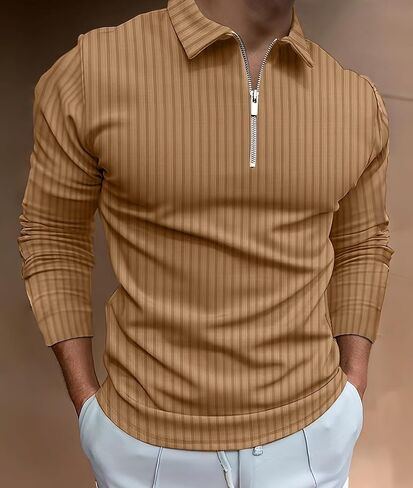 Men's Ribbed Long Sleeve Pullover with Half Zip Collar, Casual Slim Fit Lightweight Top for Multi-Season Wear in Saudi Arabia