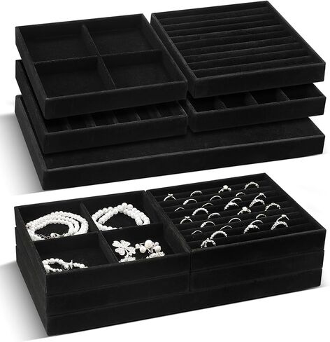 Set of 10 Stackable Velvet Jewelry Tray for Drawer 14in Stackable Jewelry Organizers and Storage with Removable Divider for Necklace Earring Ring Watch Bangle Bracelet Holder Retail in Kuwait