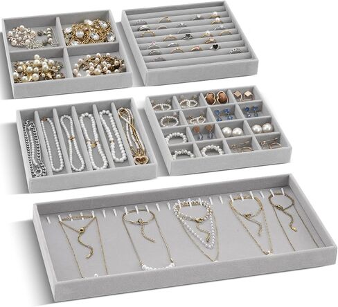 Set of 10 Stackable Velvet Jewelry Tray for Drawer 14in Stackable Jewelry Organizers and Storage with Removable Divider for Necklace Earring Ring Watch Bangle Bracelet Holder Retail in Kuwait