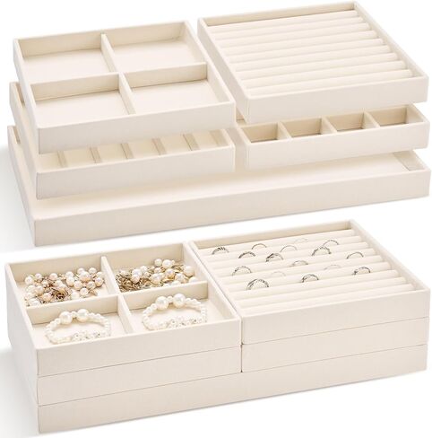 Set of 10 Stackable Velvet Jewelry Tray for Drawer 14in Stackable Jewelry Organizers and Storage with Removable Divider for Necklace Earring Ring Watch Bangle Bracelet Holder Retail in Kuwait