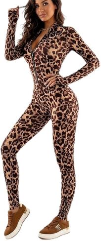 Xzella Women's Zipper Leopard Print Long Sleeve Slim Fit Jumpsuit for Party/Activewear in Saudi Arabia