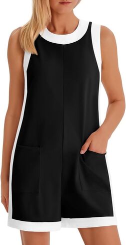 Yousify Women's Summer Casual Rompers Color Block Sleeveless Crewneck Jumpsuit Cotton Loose Shorts Overalls with Pockets in Saudi Arabia
