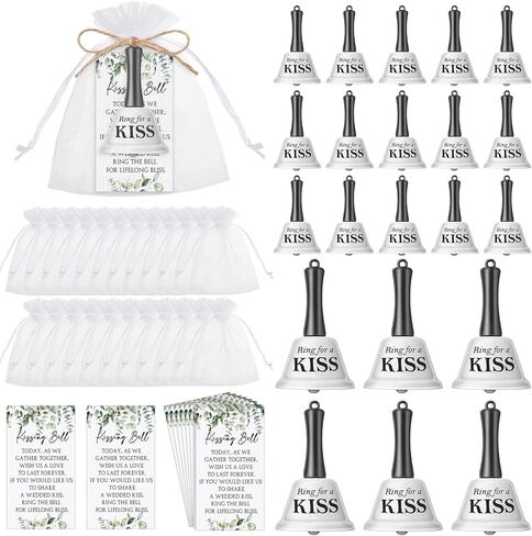 LLounsweer Wedding Kissing Bells Bulk Party Favors for Guests Ring for a Kiss with Greenery Card Organza Bag Jute Rope Mini Bells for Wedding Reception Favor Goody Bag Supplies（100set） in Saudi Arabia