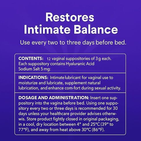 مرطب مهبلي للريفاري - 5 ملغ من حمض الهيالورونيك - جفاف المهبل، حشوات مهدئة خالية من الهرمونات، 12 تحميلة - كمية تكفي لمدة شهر، غير دهني in Kuwait