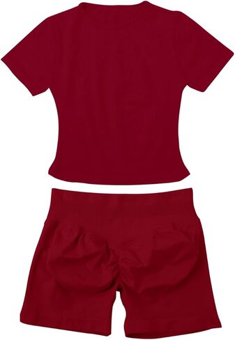 Workout Sets for Women 2 Piece Seamless Short Sleeve Tank Top Hidden Scrunch Shorts Gym Outfits in Saudi Arabia