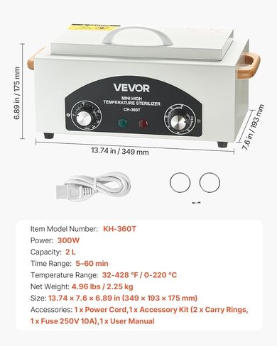 VEVOR High Temperature Autoclave Machine, 2L, 300W High Temperature Cleaner Machine Box with Adjustable Temperature and Time, Dry Heat Cabinet Nail Tool Cleaner for Labs, Home, Nail and Beauty Salons in Saudi Arabia