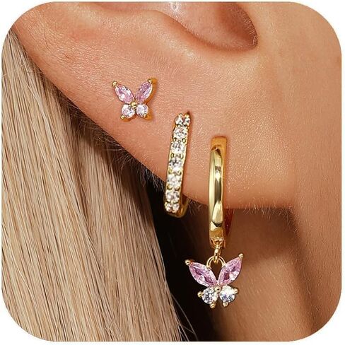 14K Gold Plated Hoop Earrings for Women, Dainty Pink Butterfly Star Sun Heart Hoop Earring Sets with S925 Sterling Silver Post, Pink Earring Stacks Jewelry for Women Trendy in Kuwait