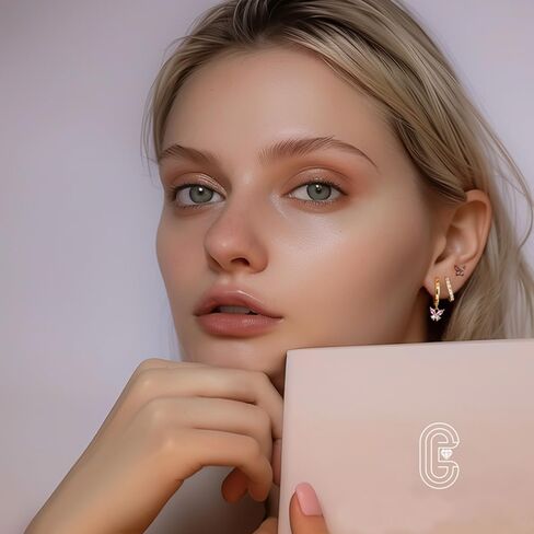 14K Gold Plated Hoop Earrings for Women, Dainty Pink Butterfly Star Sun Heart Hoop Earring Sets with S925 Sterling Silver Post, Pink Earring Stacks Jewelry for Women Trendy in Kuwait