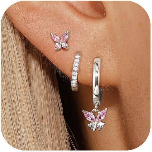 14K Gold Plated Hoop Earrings for Women, Dainty Pink Butterfly Star Sun Heart Hoop Earring Sets with S925 Sterling Silver Post, Pink Earring Stacks Jewelry for Women Trendy in Kuwait