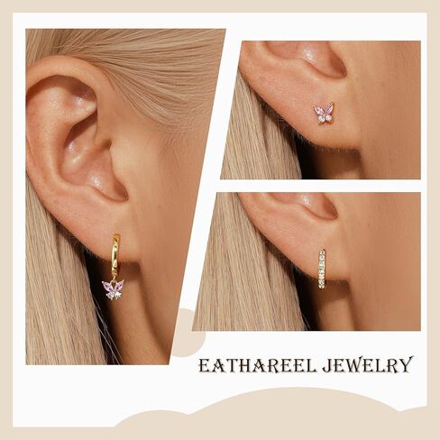 14K Gold Plated Hoop Earrings for Women, Dainty Pink Butterfly Star Sun Heart Hoop Earring Sets with S925 Sterling Silver Post, Pink Earring Stacks Jewelry for Women Trendy in Kuwait
