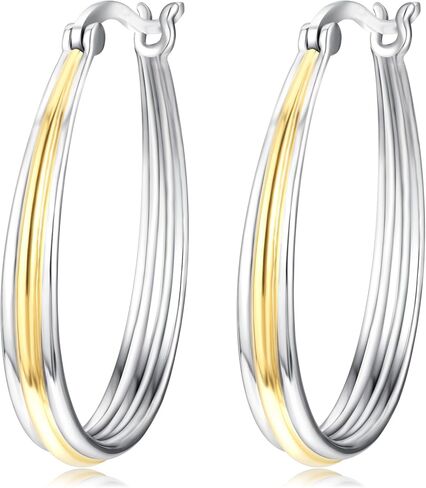 Two Tone Hoop Earrings for Women 18K Gold Plated And Silver Small Sterling Silver Oval Grooved Hoop Earrings Jewelry Gifts in Kuwait