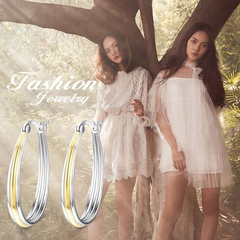 Two Tone Hoop Earrings for Women 18K Gold Plated And Silver Small Sterling Silver Oval Grooved Hoop Earrings Jewelry Gifts in Kuwait