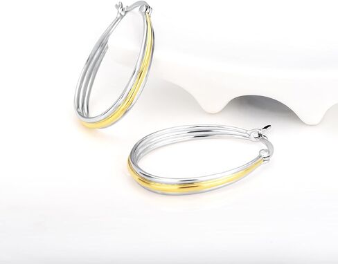 Two Tone Hoop Earrings for Women 18K Gold Plated And Silver Small Sterling Silver Oval Grooved Hoop Earrings Jewelry Gifts in Kuwait
