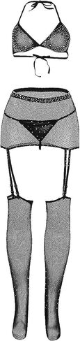 Ohyeah Sparkle Rhinestone Fishnet Bra & High Weist Sarter مع جوارب منظور جوفاء خارج ملابس الملابس الداخلية in Saudi Arabia