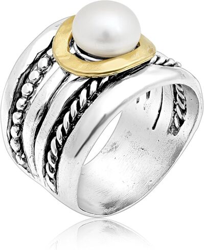 JEAN RACHEL JEWELRY خاتم معدني مختلط بلونين للنساء - حبل من اللؤلؤ - 925 من الفضة الاسترليني والذهب عيار 14 قيراط على الفضة - خاتم لؤلؤ المياه العذبة - تصميم لا يسبب الحساسية in Saudi Arabia