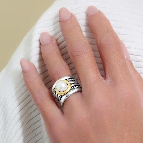 JEAN RACHEL JEWELRY خاتم معدني مختلط بلونين للنساء - حبل من اللؤلؤ - 925 من الفضة الاسترليني والذهب عيار 14 قيراط على الفضة - خاتم لؤلؤ المياه العذبة - تصميم لا يسبب الحساسية in Saudi Arabia