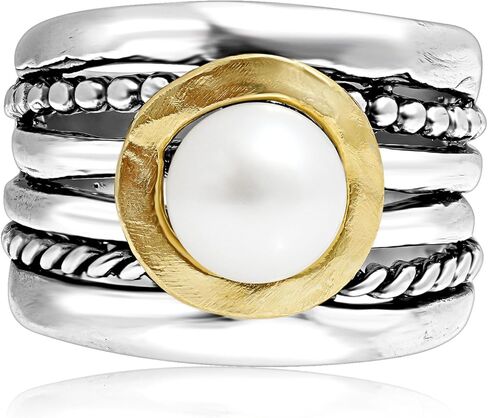 JEAN RACHEL JEWELRY خاتم معدني مختلط بلونين للنساء - حبل من اللؤلؤ - 925 من الفضة الاسترليني والذهب عيار 14 قيراط على الفضة - خاتم لؤلؤ المياه العذبة - تصميم لا يسبب الحساسية in Saudi Arabia