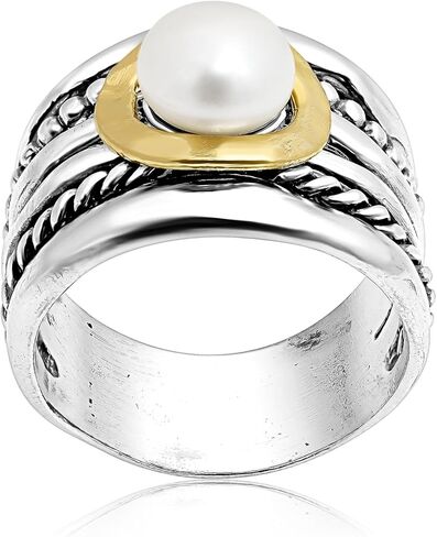 JEAN RACHEL JEWELRY خاتم معدني مختلط بلونين للنساء - حبل من اللؤلؤ - 925 من الفضة الاسترليني والذهب عيار 14 قيراط على الفضة - خاتم لؤلؤ المياه العذبة - تصميم لا يسبب الحساسية in Saudi Arabia