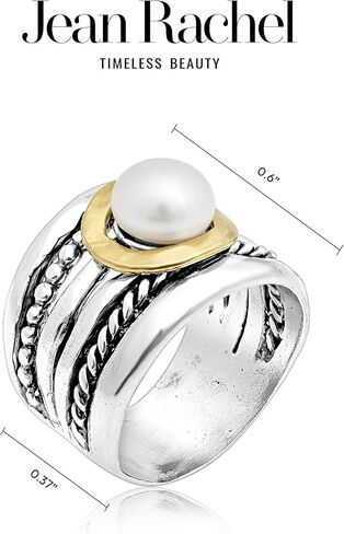 JEAN RACHEL JEWELRY خاتم معدني مختلط بلونين للنساء - حبل من اللؤلؤ - 925 من الفضة الاسترليني والذهب عيار 14 قيراط على الفضة - خاتم لؤلؤ المياه العذبة - تصميم لا يسبب الحساسية in Saudi Arabia