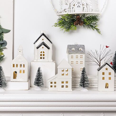 Zubebe 30 Pcs Winter Christmas Village Sets LED Christmas Village Houses Holiday Figurines Porcelain Xmas Collection Buildings Xmas Town Scene Indoor Room Decor (Multicolor,Diverse Styles) in Saudi Arabia
