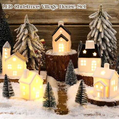 Zubebe 30 Pcs Winter Christmas Village Sets LED Christmas Village Houses Holiday Figurines Porcelain Xmas Collection Buildings Xmas Town Scene Indoor Room Decor (Multicolor,Diverse Styles) in Saudi Arabia