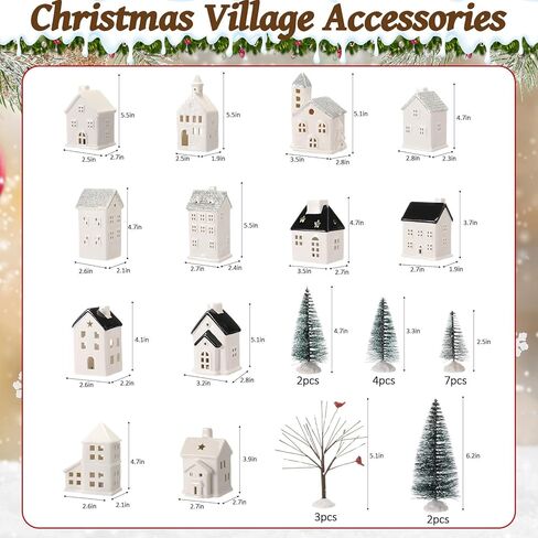 Zubebe 30 Pcs Winter Christmas Village Sets LED Christmas Village Houses Holiday Figurines Porcelain Xmas Collection Buildings Xmas Town Scene Indoor Room Decor (Multicolor,Diverse Styles) in Saudi Arabia