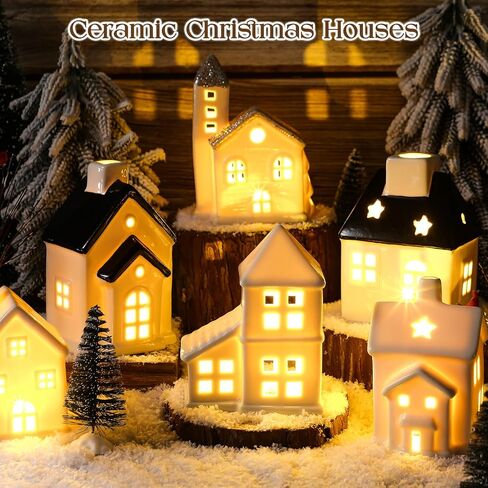 Zubebe 30 Pcs Winter Christmas Village Sets LED Christmas Village Houses Holiday Figurines Porcelain Xmas Collection Buildings Xmas Town Scene Indoor Room Decor (Multicolor,Diverse Styles) in Saudi Arabia