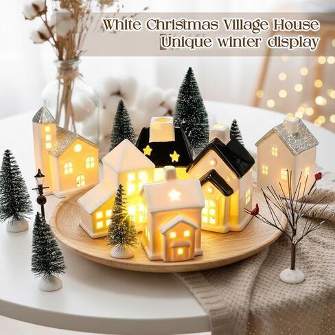 Zubebe 30 Pcs Winter Christmas Village Sets LED Christmas Village Houses Holiday Figurines Porcelain Xmas Collection Buildings Xmas Town Scene Indoor Room Decor (Multicolor,Diverse Styles) in Saudi Arabia