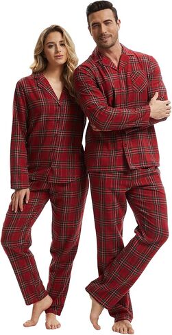 أطقم بيجامات قطنية 100% لعيد الميلاد المجيد للأزواج عيد الميلاد باللون الأحمر والأخضر منقوشة ملابس نوم دافئة طقم PJ للمهرجانات in Kuwait