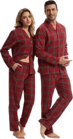أطقم بيجامات قطنية 100% لعيد الميلاد المجيد للأزواج عيد الميلاد باللون الأحمر والأخضر منقوشة ملابس نوم دافئة طقم PJ للمهرجانات in Kuwait