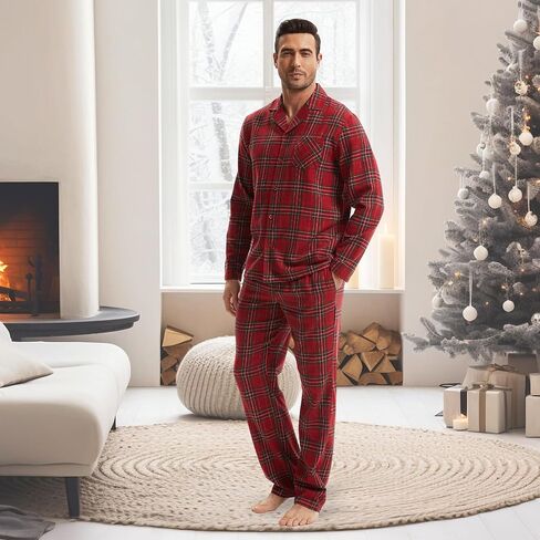 أطقم بيجامات قطنية 100% لعيد الميلاد المجيد للأزواج عيد الميلاد باللون الأحمر والأخضر منقوشة ملابس نوم دافئة طقم PJ للمهرجانات in Kuwait