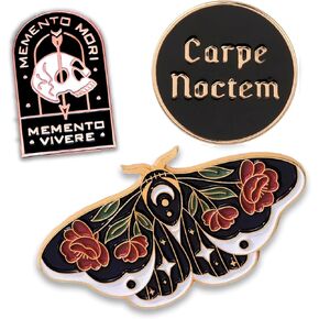 Goth Enamel Pin Set 3Pcs – Moon Flowers Moth Pin, Carpe Noctem - Seize The Night, Memento Mori Skull – Gothic Aesthetic, Emo, Grunge, Punk, Alternative Backpack Gift in Kuwait