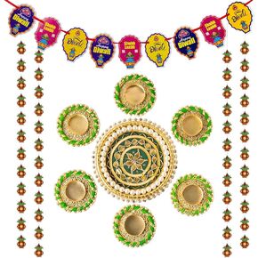 مجموعة ديكور حفلات ديوالي 14 قطعة (9 قطع رانجولي أرضية، 4 زخارف معلقة على الحائط، 1 لافتة ديوالي سعيدة)، مصمم رانجولي مع حامل ضوء الشاي، ديكورات ديوالي للمنزل، ديكور ديوالي، هدايا ديوالي in Kuwait