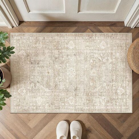 2x6 Beige Washable Runner Rug for Kitchen Hallway Neutral Soft Non Slip Rug Low Pile Vintage Distressed Carpet for Bathroom Bedroom Indoor Nursery in Kuwait