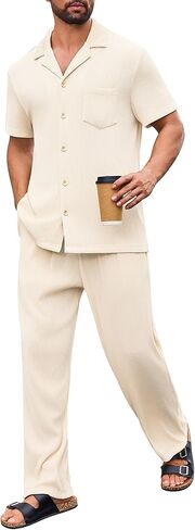 OLEMEK Men's Summer Beach Short Sleeve Ribbed Button Down Cuban Shirt and Pants 2 Pieces Set Loungewear Sleepwear in Saudi Arabia